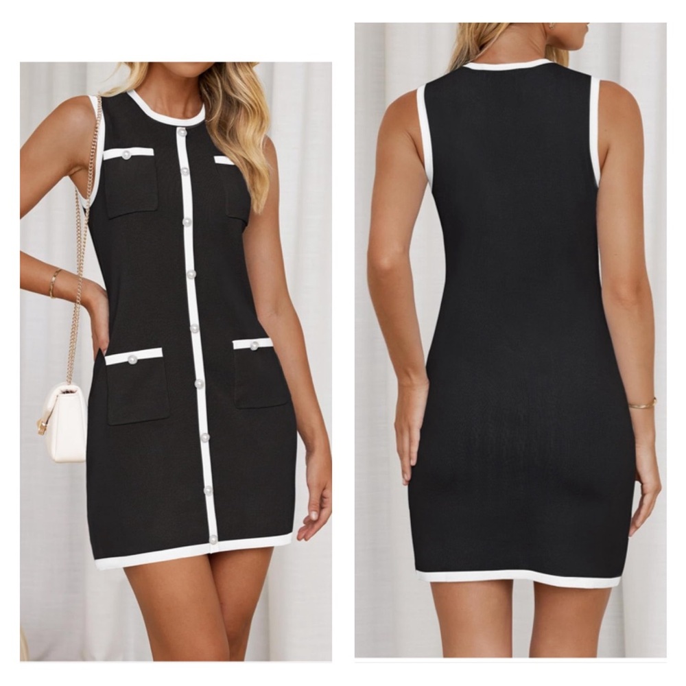 Sleeveless Mini Dress Crewneck Button Kint Bodycon Short Dresses with Pockets